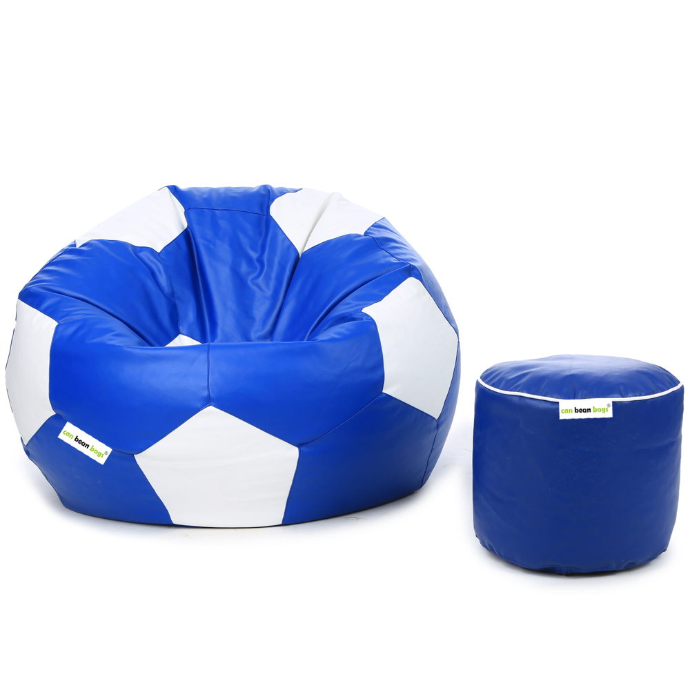 Orka Classic XXXL Foorball With Mathching Footstool Filled Bean Bag With Beans (Blue, White)